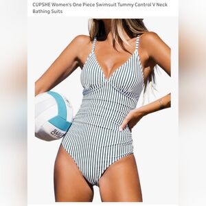Cupshe Blue And White Striped V-Neck One-Piece Swimsuit